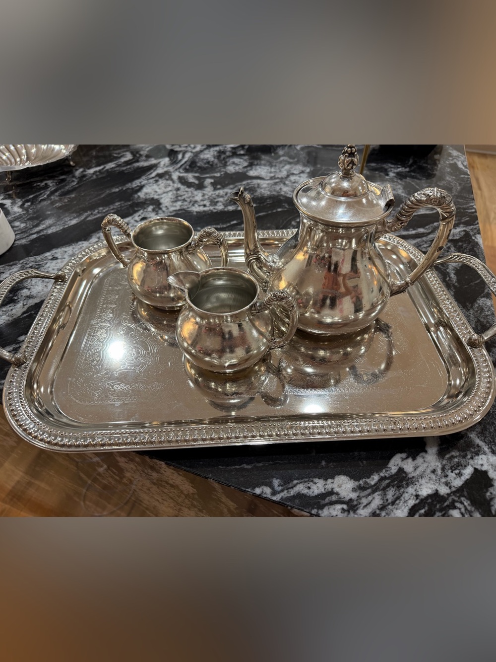 Silver-Plated Tea Set with Tray - Classic Silver Finish